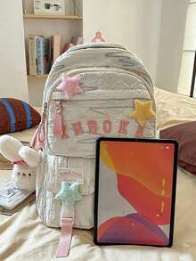 Mochila con colgante de peluche de estrella linda, mochila bordada de estilo femenino, mochila de gran capacidad para estudiantes de secundaria/preparatoria - Multicolor - Ver 12