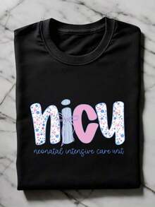 Coquette Bow NICU T-Shirt, Preppy NICU Nurse T-Shirt, Nurse Appreciation T-Shirt, Neonatal Intensive Care Unit Gift, Short Sleeve Floral Print Nurse Graduation T-Shirt TF3211 For Summer - 黑色 - 查看 1