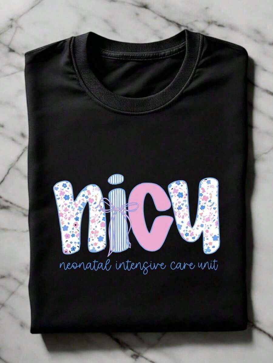 Coquette Bow NICU T-Shirt, Preppy NICU Nurse T-Shirt, Nurse Appreciation T-Shirt, Neonatal Intensive Care Unit Gift, Short Sleeve Floral Print Nurse Graduation T-Shirt TF3211 For Summer - 黑色 - 查看 1