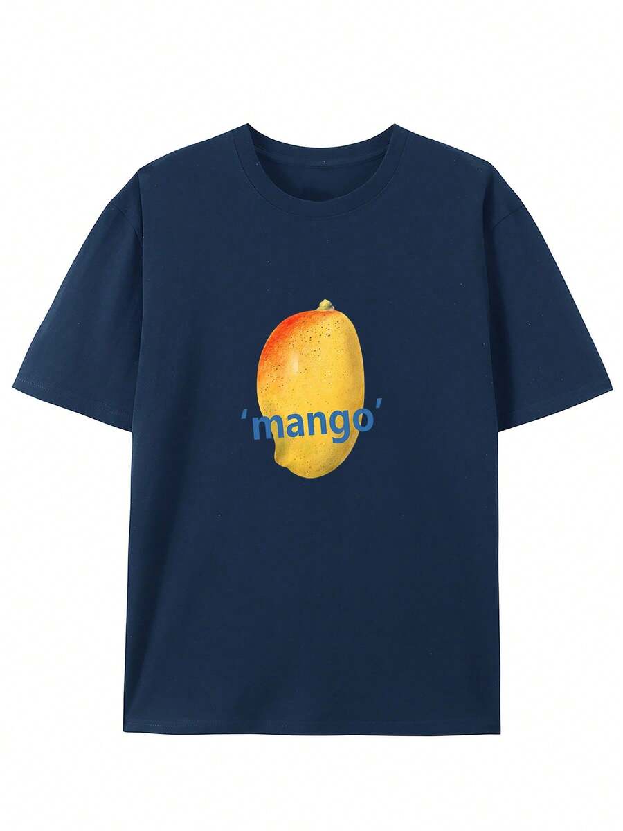 Great Mango! Round Neck T-Shirt With Creative Design, Fashionable Short Sleeves For Summer, Casual Top For Everyday Style - 海軍藍 - 查看 1