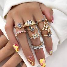9件套粉色爱心、蝴蝶、紫色水晶、葡萄花、几何戒指，时尚女士饰品 - 戒指九件套 - 查看 8