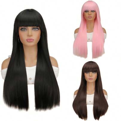 Black Synthetic Wig Women Long Straight Hair Natural Bangs Hair Daily Party Wear Heat Resistant Full Head Cover Wig For Women Daily Long Brown Wig With Bangs Wavy Wigs For Women Synthetic Hair Wig For Daily Party Use, Halloween