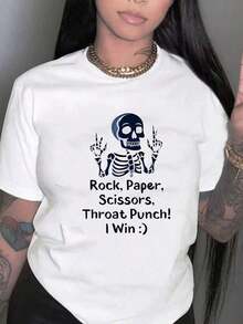 Women's Casual Sports T-Shirt, Modern Minimalist Style, Short Sleeve, Happy Skull Print, Summer Vacation Top, Casual Daily Wear - 白色 - 查看 1