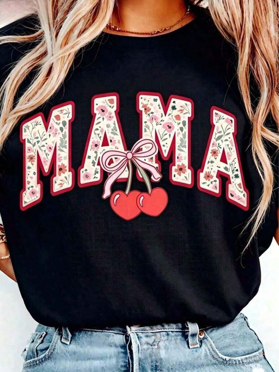 Soft Cherry Bow Mama PNG, Mom Png, Diseño de sublimación de camiseta estética femenina, Camiseta estampada de manga corta para mujer con cuello redondo y cinta para el Día de la Madre, Camisetas de mujer, Camiseta gráfica, Camisetas gráficas para mujer, Camiseta de verano, Camiseta casual, Camisetas de verano, Tops, Conjuntos de verano para mujer, Camiseta casual cómoda de manga corta con cuello redondo, blusas elegantes para dama - Negro - Ver 1