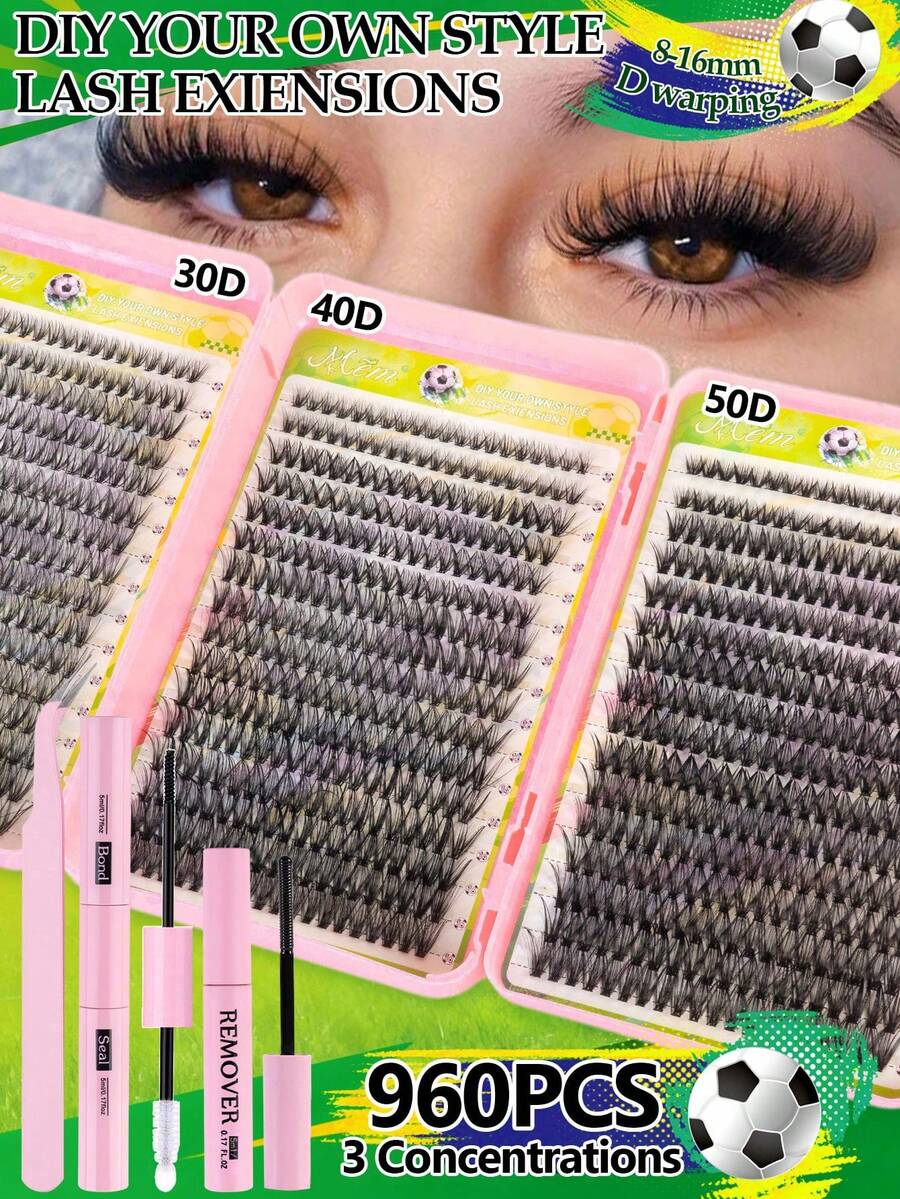 مجموعة رموش صناعية 960 قطعة بتجعيد D-Curl منفوشة ثلاثية الأبعاد متكتلة، 30D-50D سميكة وناعمة قابلة لإعادة الاستخدام مقسمة، مجموعة DIY محمولة مع مجموعة كاملة من الأدوات، مناسبة للمنزل والسفر والاستخدام اليومي ومكياج العشاء والزفاف
