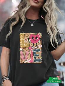 Women's Round Neck T-Shirt With Letter And Anime Print, Simple Design, Comfortable And Breathable, Suitable For Sports, Casual And Everyday Wear, A Must-Have For Summer Parties, Local Shipping, With Anthropomorphic Apple Heart Sticker - Unisex Loose Cotton Short Sleeve Round Neck T-Shirt, Urban Vintage Style. - 黑色 - 查看 7