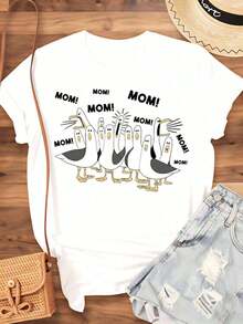 Funny T-Shirt For Mom With Ducks Saying "Mom", Nice Mother's Day Gift For Women, Casual Summer T-Shirt With Family Humor, 220g - 白色 - 查看 3