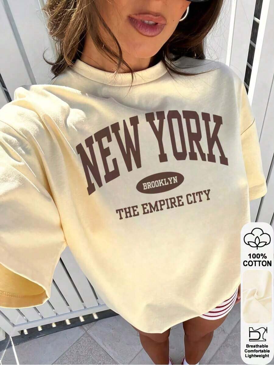 New Summer T-Shirt For Women, Casual Long Sleeve Round Neck T-Shirt - New York, Brooklyn, Empire City Graphic Print, Loose Fit Top In Light Beige For Spring And Summer, Machine Washable, Ladies T-Shirts, Summer Clothes, Soft Fabric T-Shirt. - 杏色 - 查看 1
