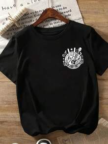 New 2026 Collection: Women's Cotton T-Shirt With Front And Back Print, Rock Music And Guitar Design, Round Neck, Short Sleeve, Casual And Modern Style, Suitable For Fitness And Daily Wear In All Seasons, Top With Fun Print Design. - 黑色 - 查看 3