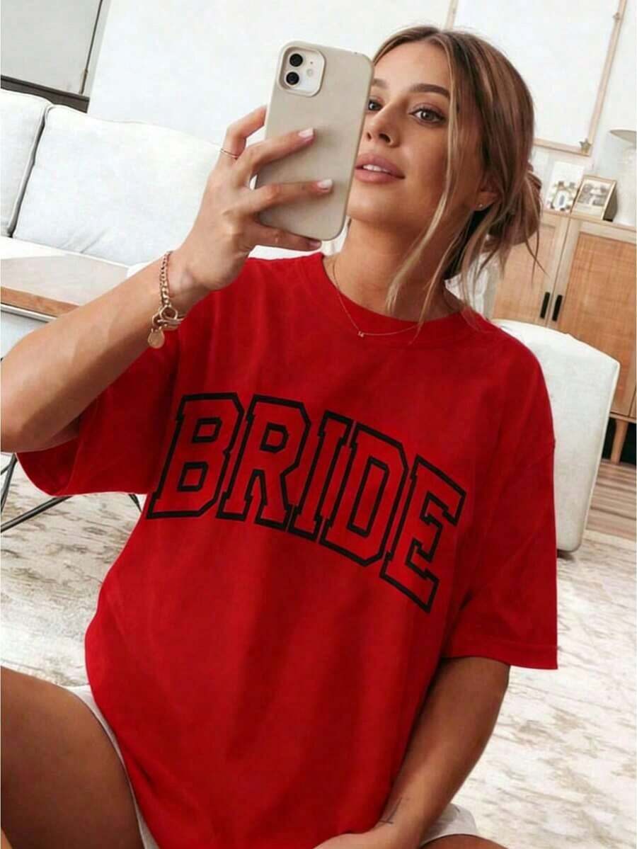 New 2026 Collection: Cotton T-Shirt For Bride, Minimalist T-Shirt For Bride, Wedding, Bachelorette Party, Aesthetic T-Shirt For Bride 3XL, Classic Thick Cotton Short Sleeve Graphic Print T-Shirt For Bachelorette Party, Casual Short Sleeve Top For Women, Short Sleeve Sports T-Shirt. - 紅色 - 查看 1