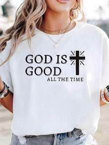 100% Cotton Christian Oversized White T-Shirt With Slogan And Cross: GOD IS GOOD ALL THE TIME, Inspirational Religious Aesthetic T-Shirt, Loose Casual Blouse. Women's Simple Solid Color T-Shirt, Loose And Slim Fit Casual Short Sleeve - 白色 - 查看 1