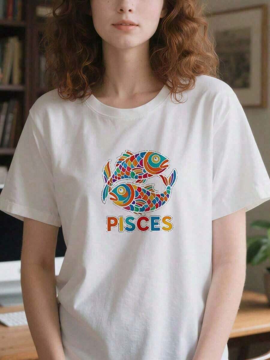 PremiumLooseDreamy-Pisces-Duo-T-Shirtroundneckt-ShirtcasualandversatilefordailywearGift Idea - 白色 - 查看 1