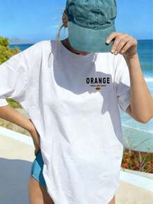 California Orange Graphic Tee | Retro Fruit Print Summer Tee | LA Style Casual Top | Collegiate Aesthetic | Women's Beach & Street Fashion, Fresh Citrus Print, Vintage Summer Essential Y2K White - 白色 - 查看 2