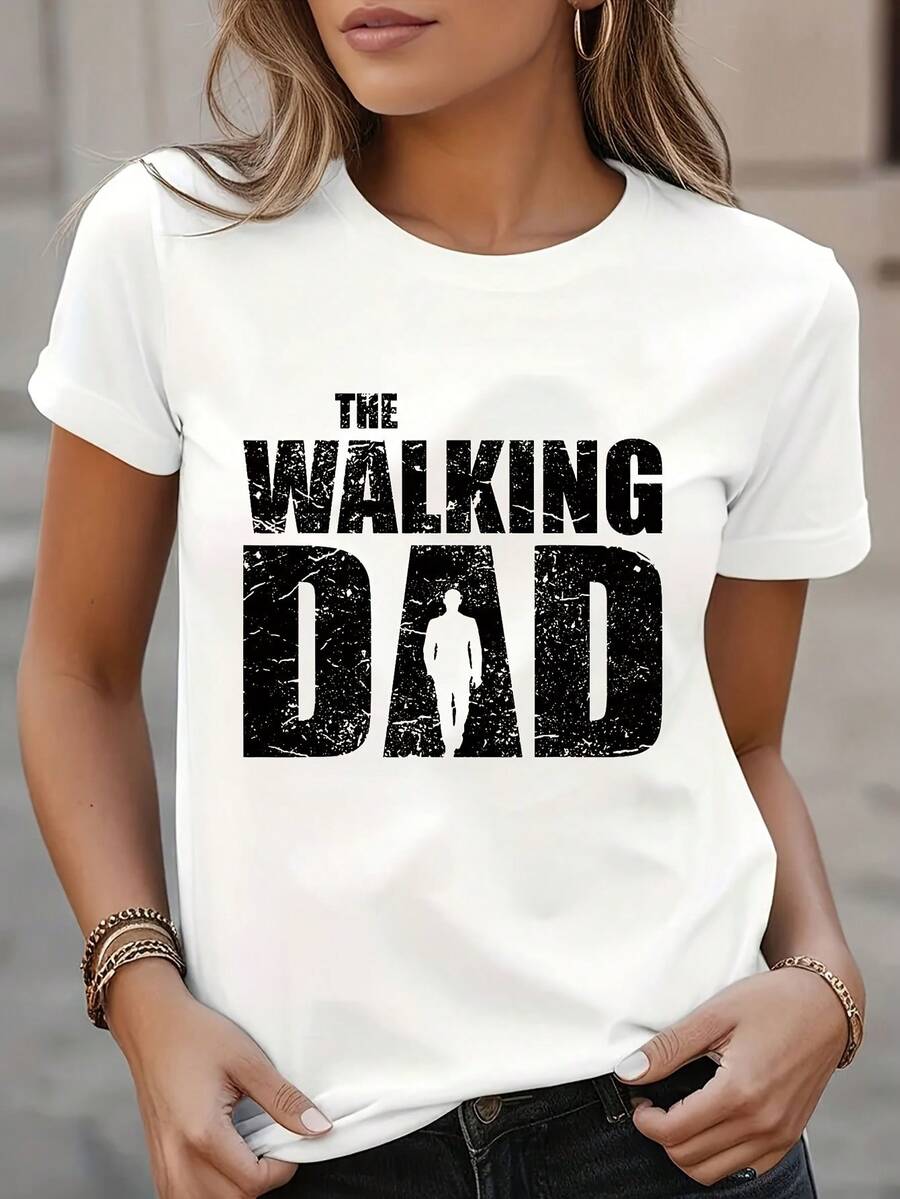 Father's Day Printed T-Shirt, Round Neck, Short Sleeve, Casual Style, Spring Summer, Casual Wear, Women's T-Shirt, Elegant Party Outfit, Elegant Ladies T-Shirt, Blouses Suitable For Curvy Women, Casual Clothing, Cool And Sweat-Free Summer Clothes, Fun Letter Print - 白色 - 查看 1