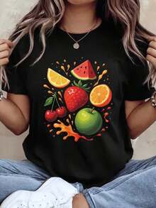 Cool Casual Women's T-Shirt, Short Sleeve, Fruit Print, Graphic Tee, Casual Summer Top, Comfortable Fabric, Perfect As A Gift. - 黑色 - 查看 1