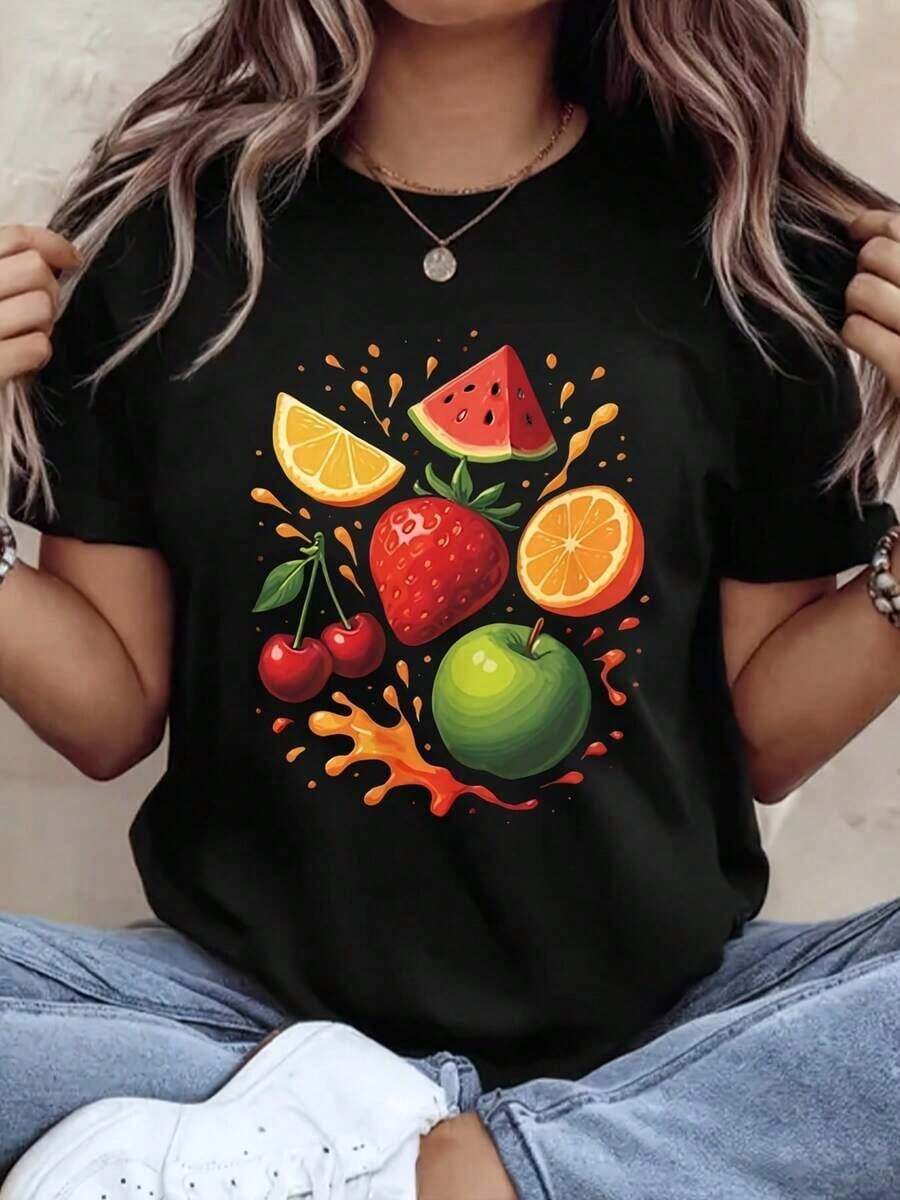 Cool Casual Women's T-Shirt, Short Sleeve, Fruit Print, Graphic Tee, Casual Summer Top, Comfortable Fabric, Perfect As A Gift. - 黑色 - 查看 1