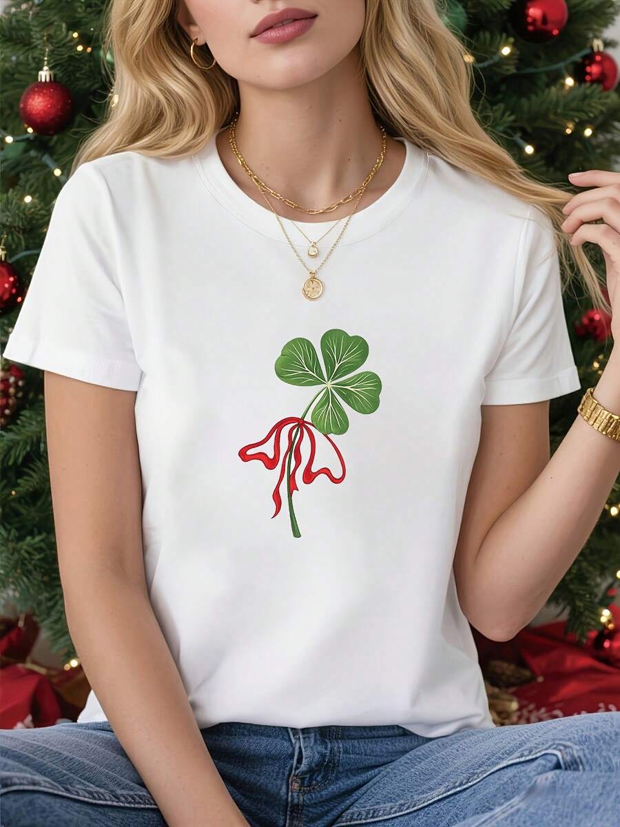 Women's T-Shirt With A Four-Leaf Clover Print Symbolizing Good Luck. White, Short-Sleeved, Crew Neck, Machine Washable, Suitable For Spring, Summer, And Autumn. Casual Style, Comfortable Fit, Modern Design, Versatile For Everyday Wear. 1QZQ - 白色 - 查看 1