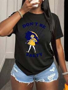 Women's Funny "Don't Be Salty" Graphic Tee - Soft Breathable Cotton Top For Everyday & Party Wear - Plus Size Friendly Casual Outfit Essential, Humorous Clothing, Playful Illustration Anti-Wrinkle Cotton Tee-Unisex, Suitable For Casual Daily Outings, Short-Sleeve Summer Top, Retro Y2K Patterned T-Shirt - 黑色 - 查看 6