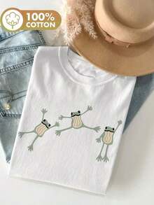 Women's Plus Size, Loose-Fitting Summer Clothing, Three-Frog Jumping Print T-Shirt For Summer Outings, Stylish Women's Clothing, Style: Round Neck, Short Sleeve, Loose Fit, A Gift For Yourself/Family Member/Partner/Friends, Cotton T-Shirt, Round Neck T-Shirt, Casual And Versatile For Everyday Wear. Gift Idea. - 白色 - 查看 1