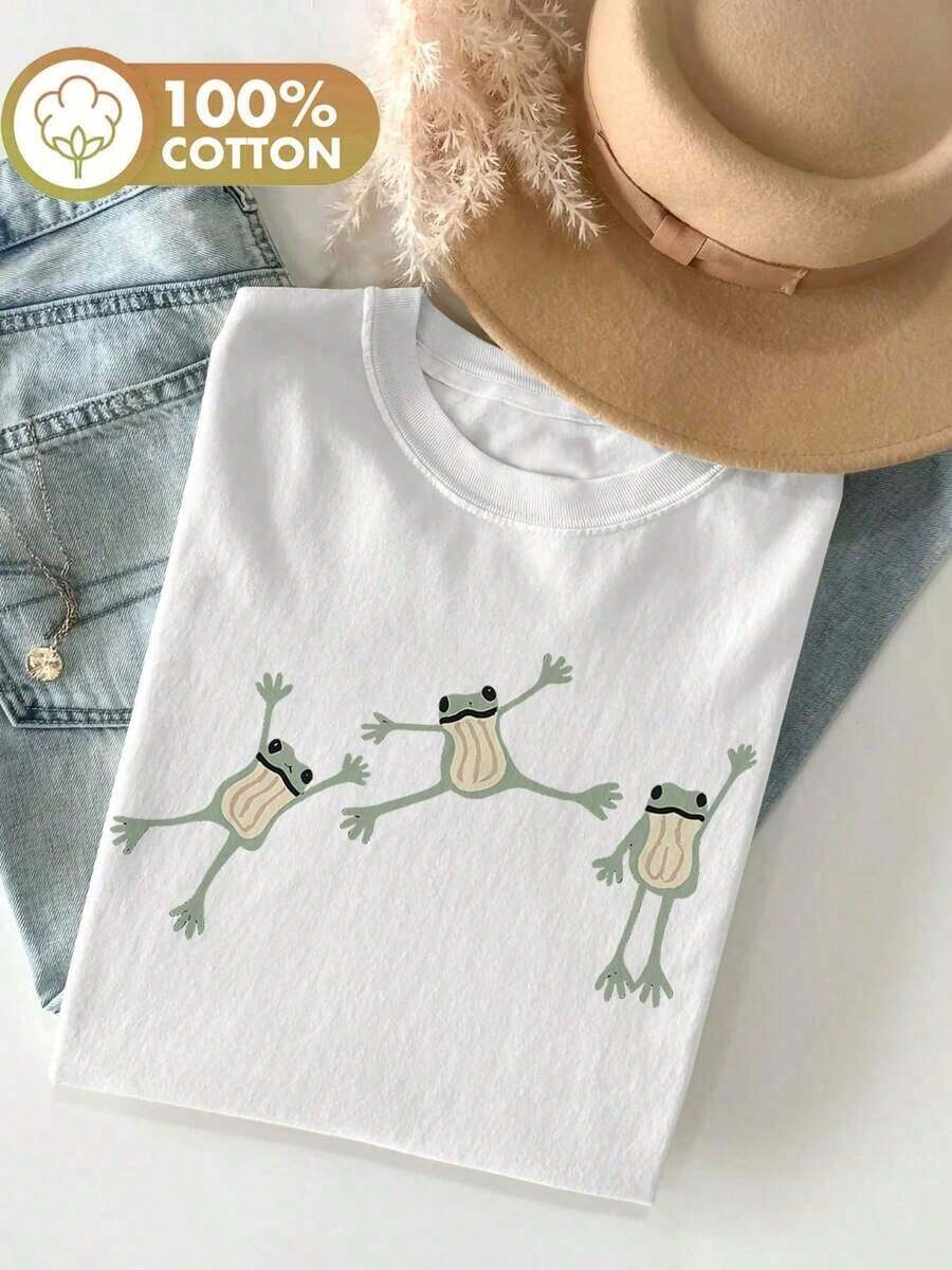 Women's Plus Size, Loose-Fitting Summer Clothing, Three-Frog Jumping Print T-Shirt For Summer Outings, Stylish Women's Clothing, Style: Round Neck, Short Sleeve, Loose Fit, A Gift For Yourself/Family Member/Partner/Friends, Cotton T-Shirt, Round Neck T-Shirt, Casual And Versatile For Everyday Wear. Gift Idea. - 白色 - 查看 1