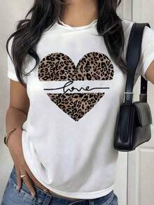 Women's White Short-Sleeve T-Shirt With Leopard Heart, Love Quote And Animal Print T-Shirt, Boho And Modern Style Blouse, Casual Top For Women's Gift Or Everyday Wear, Pretty Blouses, 100% Cotton - 白色的 - 查看 5