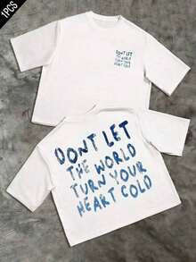 Short-Sleeve Printed T-Shirt, Plus Size Cotton Graphic, Crew Neck, Short Sleeve Cartoon Print, Plus Size "Don't Let The World Cool Your Heart" Digital Print On Both Sides, 220g, Casual Style, 1 Piece, Inspirational Cotton T-Shirt For Men, Y2K, Oversized Men's Shirt, With Shirt, Summer Tops, Suitable Shirt. 100% Cotton - 白色的 - 查看 1