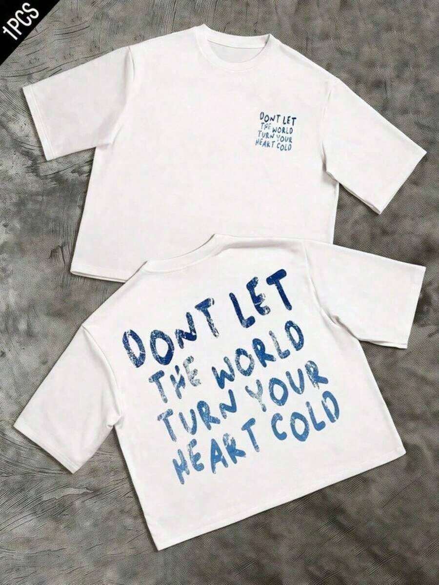 Short-Sleeve Printed T-Shirt, Plus Size Cotton Graphic, Crew Neck, Short Sleeve Cartoon Print, Plus Size "Don't Let The World Cool Your Heart" Digital Print On Both Sides, 220g, Casual Style, 1 Piece, Inspirational Cotton T-Shirt For Men, Y2K, Oversized Men's Shirt, With Shirt, Summer Tops, Suitable Shirt. 100% Cotton - 白色的 - 查看 1