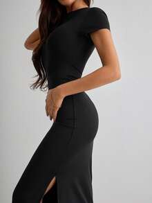 Women's Simple Solid Color Side Slit Short Sleeve Dress, Summer - Black - View 3