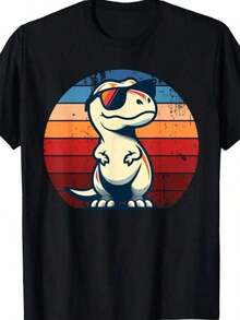 Printed T-Shirts For Women, Plus-Size Urban Style Tops, Comfortable And Stylish Summer T-Shirts That Go With Everything. Fun Retro T-Rex Dinosaur T-Shirt For Women, Cartoon Print Design, Short Sleeves, Summer Clothing For Women. - 黑色 - 查看 1
