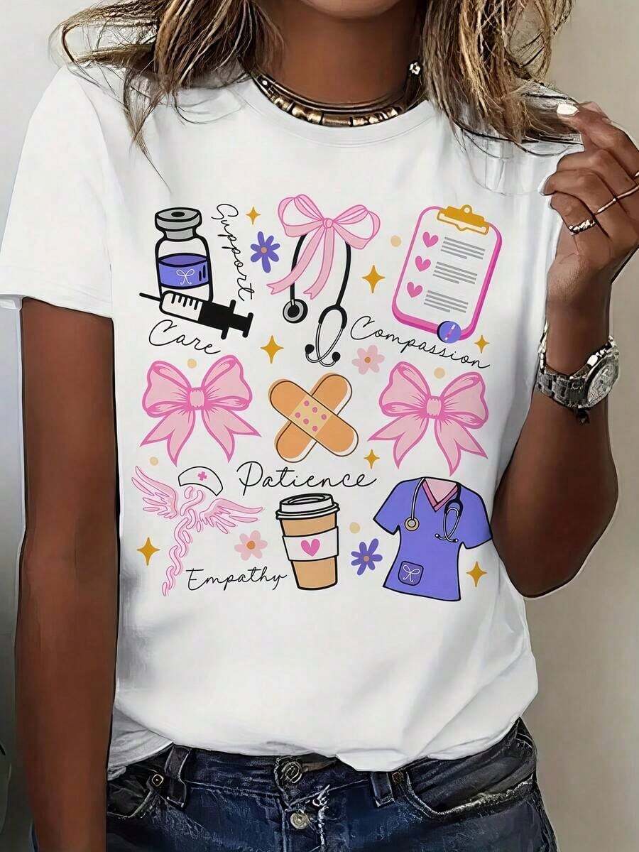 1 Piece Fashionable Casual White T-Shirt For Men And Women, With Women's Nursing Element Print, Round Neck, Cotton Casual T-Shirt, Medium Elasticity Knit Fabric, Regular Fit For Ladies, For Spring/Summer/Autumn. Versatile, Easy To Match, Suitable For Daily Wear, Urban Style, Vacation Wear, Weekend Wear. - 白色 - 查看 1