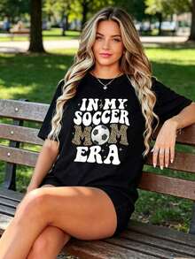 Women's T-Shirt 100% Cotton T-Shirt For Soccer Mom With Leopard Print, 'In My Soccer Mom Era' T-Shirt - 黑色 - 查看 5