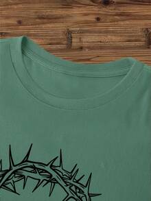 Religious Symbolic Meaning, Crown Made Of Thorny Branches And Christian Cross Print, Pure Cotton Round Neck T-Shirt, Basic Short Sleeve Design, Simple Design, Suitable For Casual Sports, Versatile Item For Everyday Wear 15463. - 綠色 - 查看 4