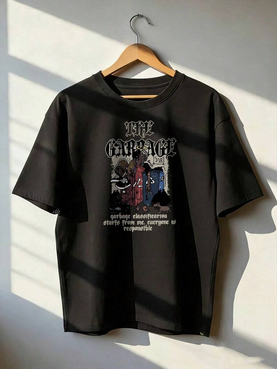T-Shirt With "GARBAGE" Text And Dark Urban Graphic, Short-Sleeved T-Shirt For Spring And Summer 2026, Made In Mexico, 180 Grams. Cartoon Print, Couple Design, Suitable For Indoor Or Outdoor Wear. Crew Neck, Unisex, Ideal For Office And Leisure. One-Pack. - BK-P631577SLNDXZGY620 - 查看 1
