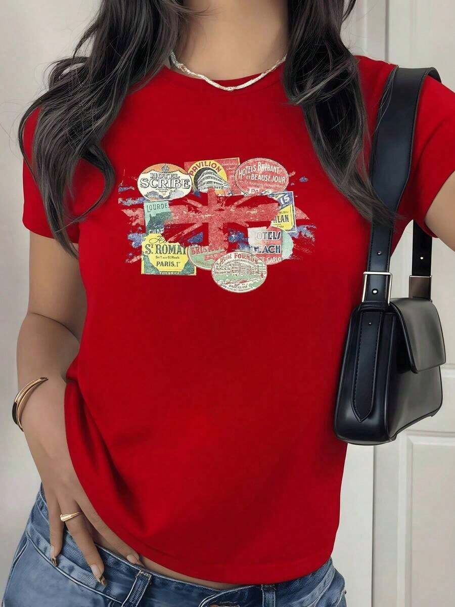 2026 New Cotton Shirt - 100% Cotton. British Flag Fused With Vintage European Hotel Labels Symbolizes Classic Travel And Cosmopolitan Spirit. Soft, Comfortable, And Modern Women's T-Shirt. Women's Simple Solid Color Shirt, Loose And Casual Short Sleeve - 紅色的 - 查看 1
