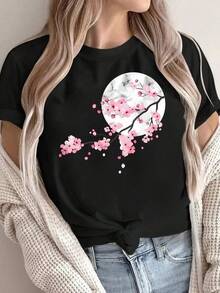 1 Pieza Camiseta Unisex Holgada 180g 100% Algodón Puro, Camiseta única y hermosa con diseño de flores de cerezo y luna llena estilo y2k ideal para el verano y destacar tu personalidad con esta prenda de moda que combina comodidad y estilo en tu guardarropa. Cómoda y versátil para escuela, trabajo, salidas y eventos casuales - Negro - Ver 6