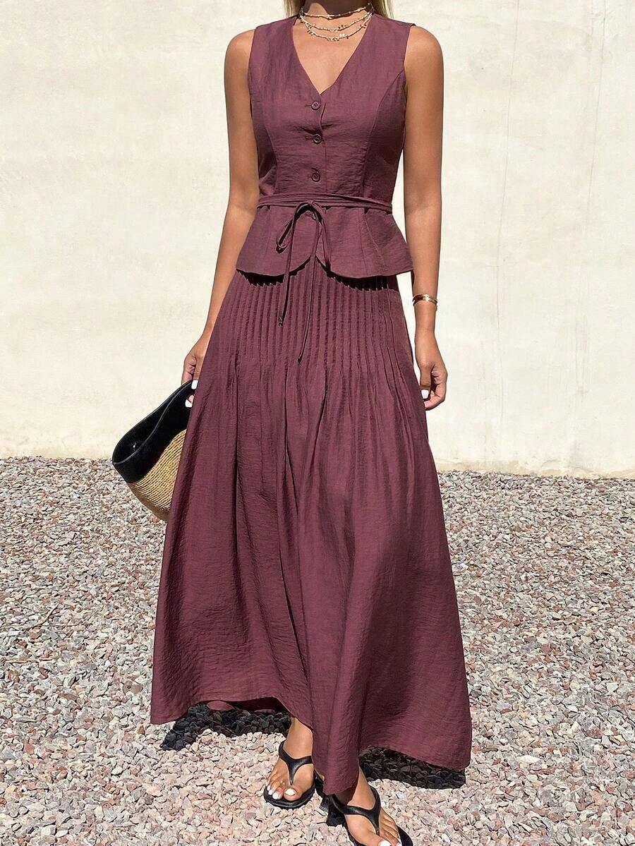 Conjunto de 2 piezas de mujer con falda plisada con cintura anudada y escote en V sin mangas, atuendo de verano para vacaciones - Morado - Ver 1