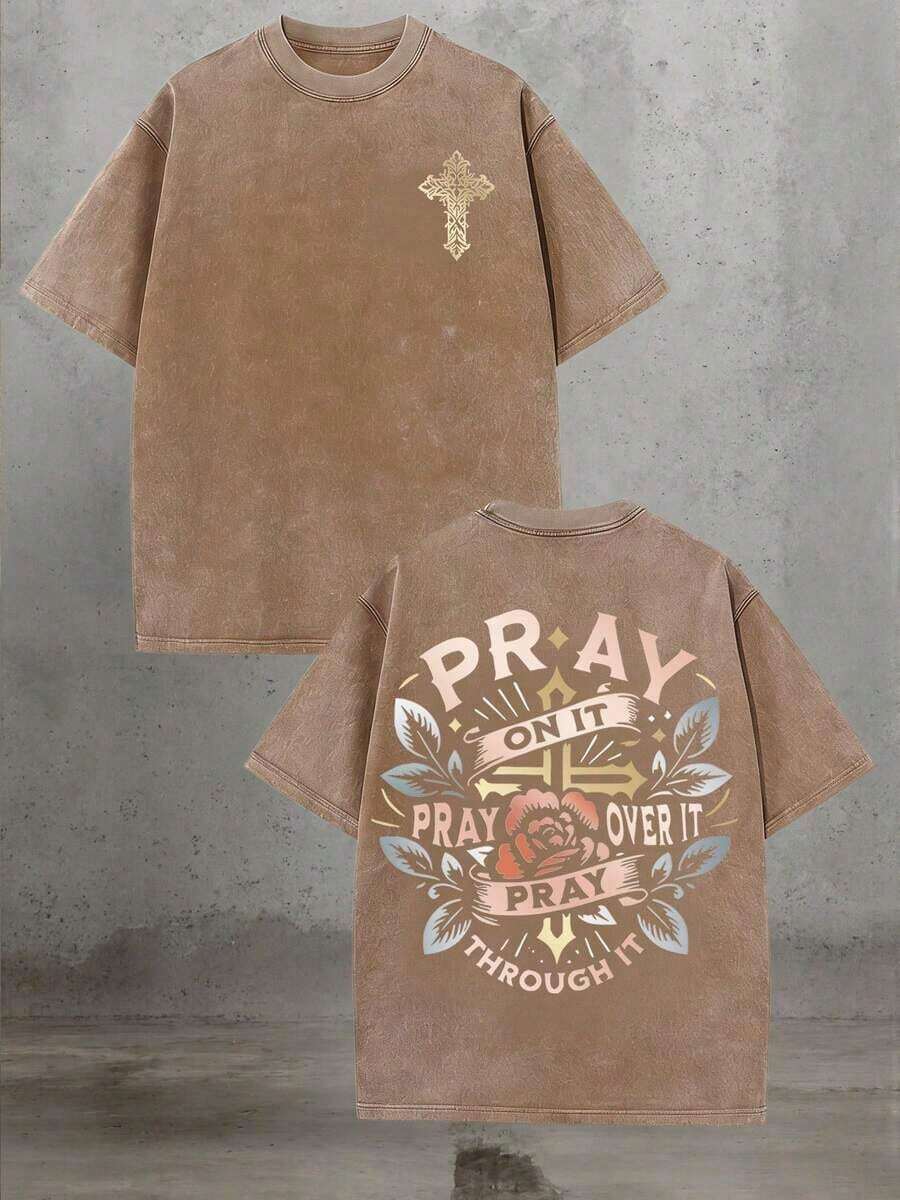 Golden Cross Floral Pray On It Vintage Oversized Graphic Tee, Religious Summer Top For Unisex - 咖啡棕 - 查看 1