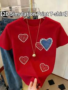 Bohemian Loose [2D Simulated Print T-Shirt] Casual Short Sleeve T-Shirt, Regular Fit, Machine Washable, Spring And Summer Essential, Soft And Comfortable, Women's Cartoon Pearl Heart Simulated Print T-Shirt, Cotton T-Shirt - 紅色 - 查看 7