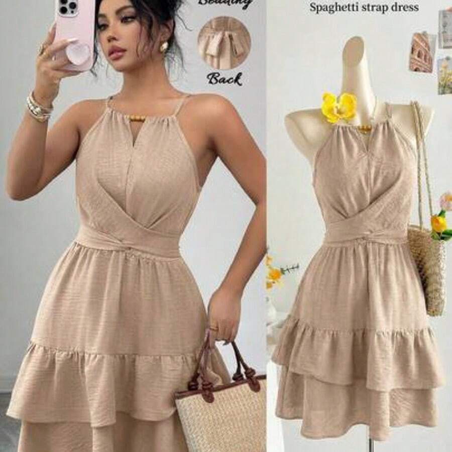 Vestido mini ajustado y acampanado sin mangas con lazo elegante y cuentas para mujer, color caqui, primavera/verano - Albaricoque - Ver 1