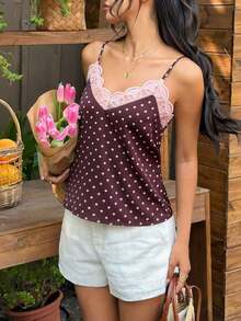 Frenchy Camis Malla en contraste Bordado Liso Elegante - Marrón - Ver 1