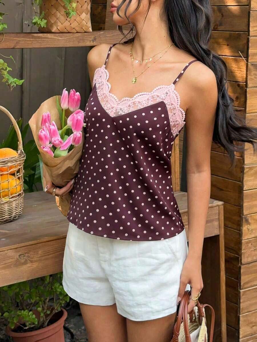 Frenchy Camis Malla en contraste Bordado Liso Elegante - Marrón - Ver 1