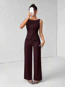 PETITE Conjunto de chaleco y pantalones de un solo pecho de unicolor con cuello redondo, elegante traje de oficina para mujer, ropa de mujer de verano y otoño, conjunto de oficina, ropa casual de negocios, conjunto de dos piezas, ropa de oficina de otoño para mujer, conjunto de blazers para mujer - Granada - Ver 5