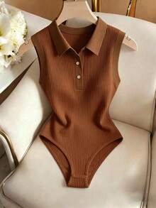 Mono elegante y versátil de punto con cuello de solapa semi-abierto, mono de mujer para primavera/verano, mono de mujer para vacaciones, mono de mujer para playa, conjunto de verano para mujer, mono de playa, mono para salir, mono para graduación, mono de vacaciones, mono casual, mono blanco, mono blanco, mono blanco de una pieza para mujer, mono blanco de verano para mujer - Marrón - Ver 6