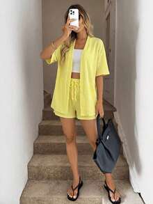 Conjunto de kimono de algodón blanco con arrugas + shorts, conjunto casual de vacaciones para primavera/verano - Amarillo - Ver 3