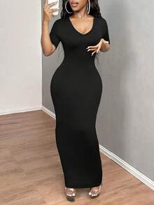 Vestido ajustado corto de manga corta con cuello en V liso para baile de graduación - Negro - Ver 9