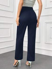 Pantalones elegantes de mujer con pierna recta, cintura suelta y detalles de botones para otoño/invierno - Azul marino - Ver 2