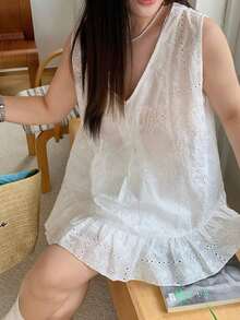 Plus Blusa de mujer talla grande sin mangas con cuello en V y espalda descubierta con lazo para vacaciones y fiestas en la playa - Blanco - Ver 8