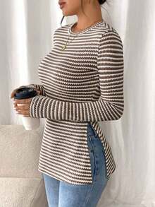 Frenchy Camiseta de manga larga a rayas de estilo informal para mujer con bajo con abertura, para primavera y otoño - Caqui - Ver 8
