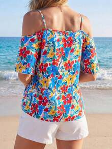 Blusa de hombros descubiertos con estampado floral, blusas de manga corta - Azul y blanco - Ver 2