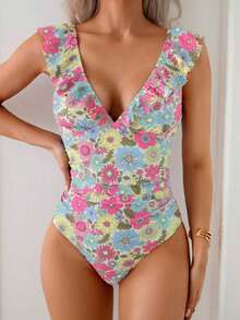 Swim Vcay Traje de baño de una pieza con volantes y lazo con estampado floral diminuto para mujer, traje de baño de una pieza para verano y vacaciones en la playa - Multicolor - Ver 4